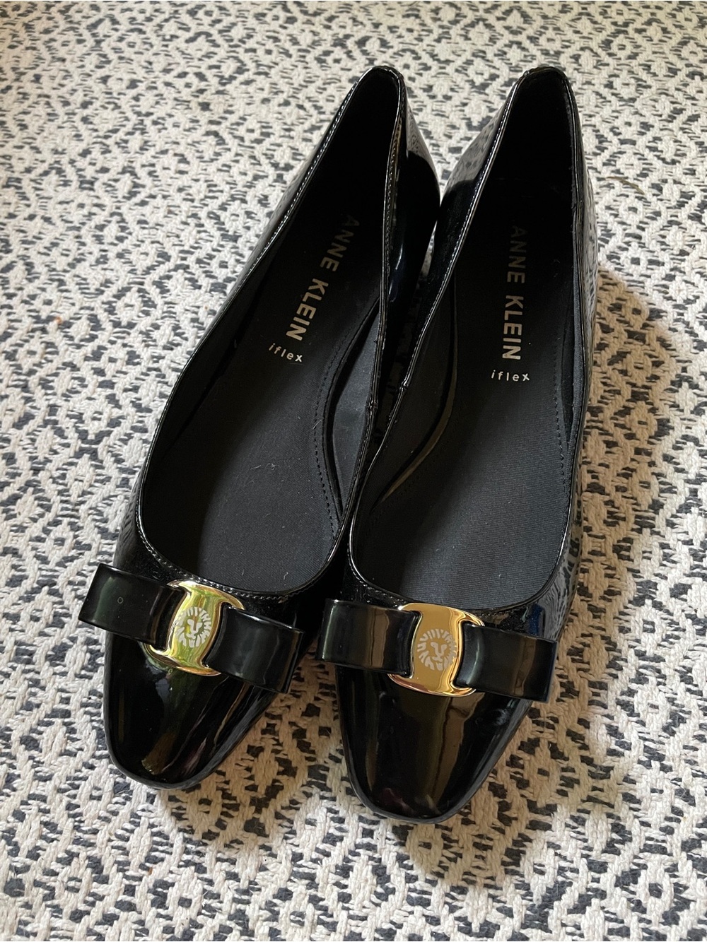 Anne Klein Black Patent Bow Flats with Gold Emblem